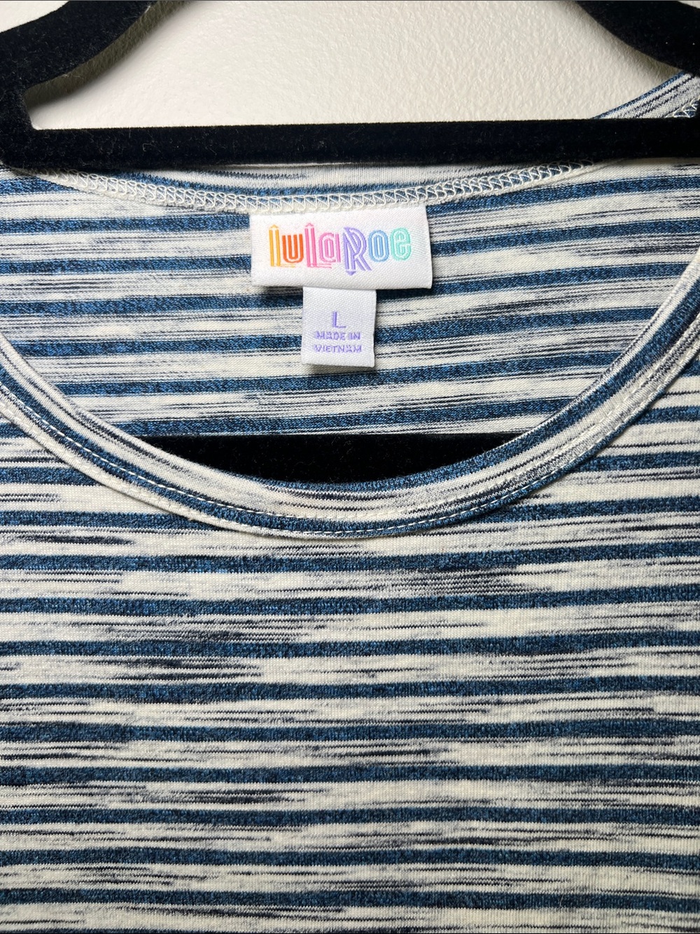 LuLaRoe Striped Navy and White Ruffle-Hem Women's Dress - Picture 2 of 4